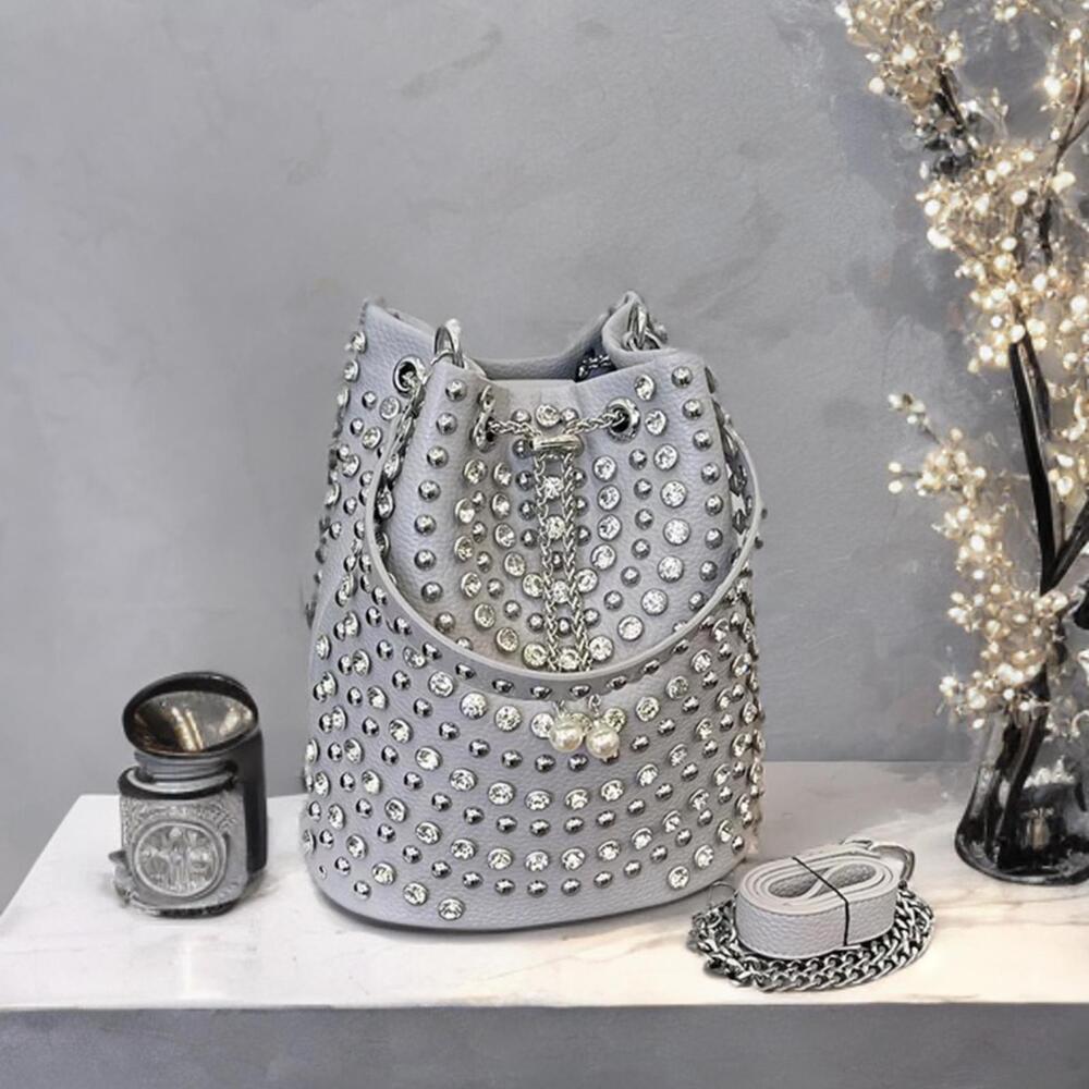 Rhinestone And Silver Studded Bucket Crossbody Bag